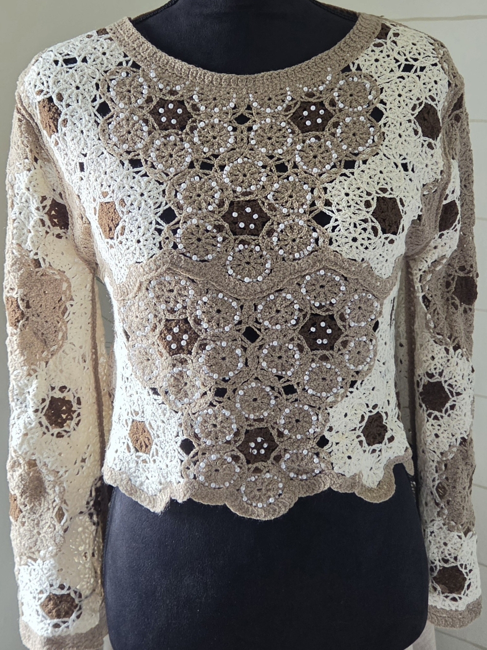 POL Brown Crochet Open Knit Beaded Boho Chic Western Cropped Sweater Top 1 Size